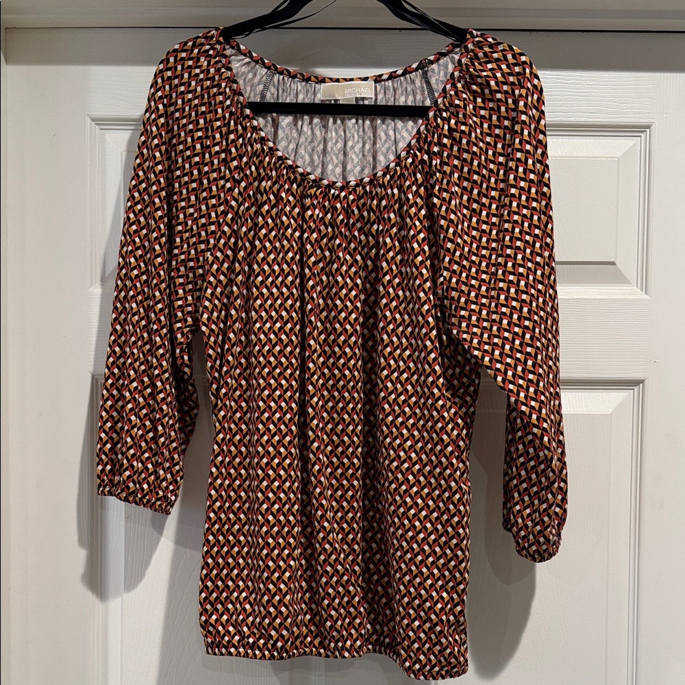 Michael Kors Scoop Neck Geometric Print Blouse in Rust and Black XL